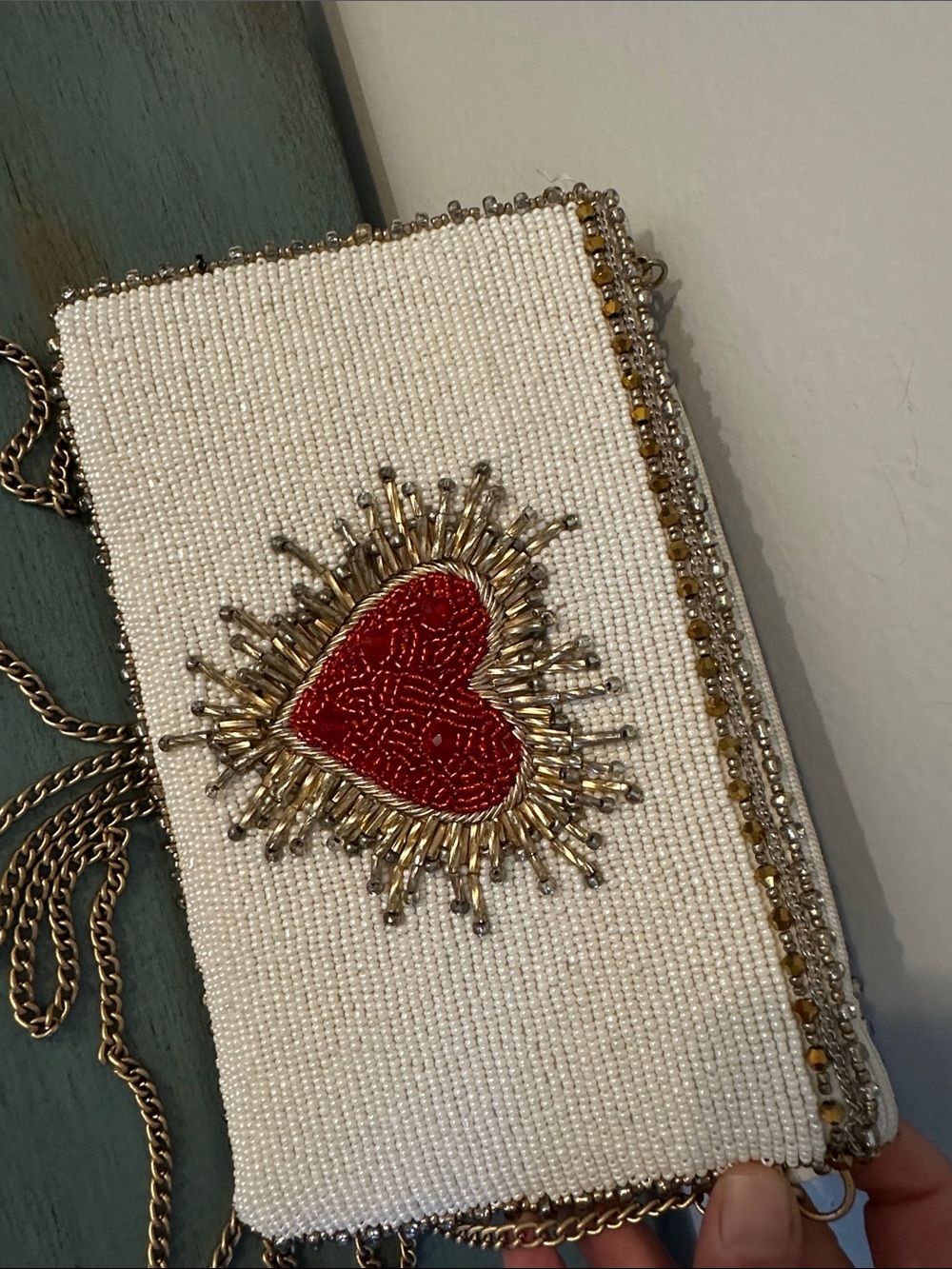 Mary Frances White Beaded Crossbody with Red Heart and Gold Accents - Picture 2 of 7